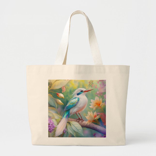 Vit bestritt Iridescent Teal Vinge Fantasy Bird Jumbo Tygkasse (Framsidan)