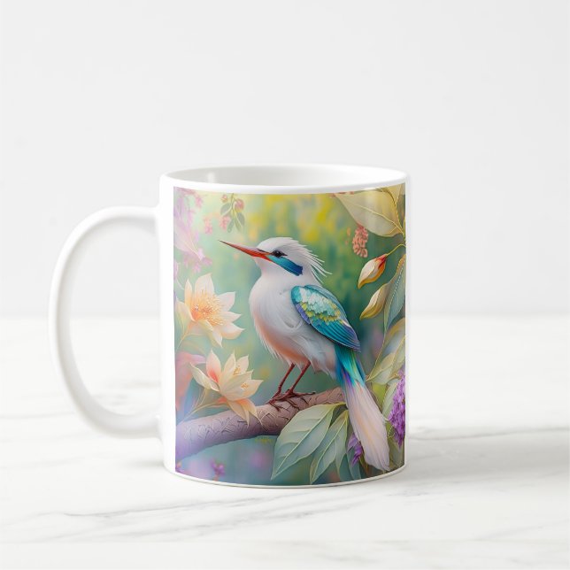 Vit bestritt Iridescent Teal Vinge Fantasy Bird Kaffemugg (Vänster)