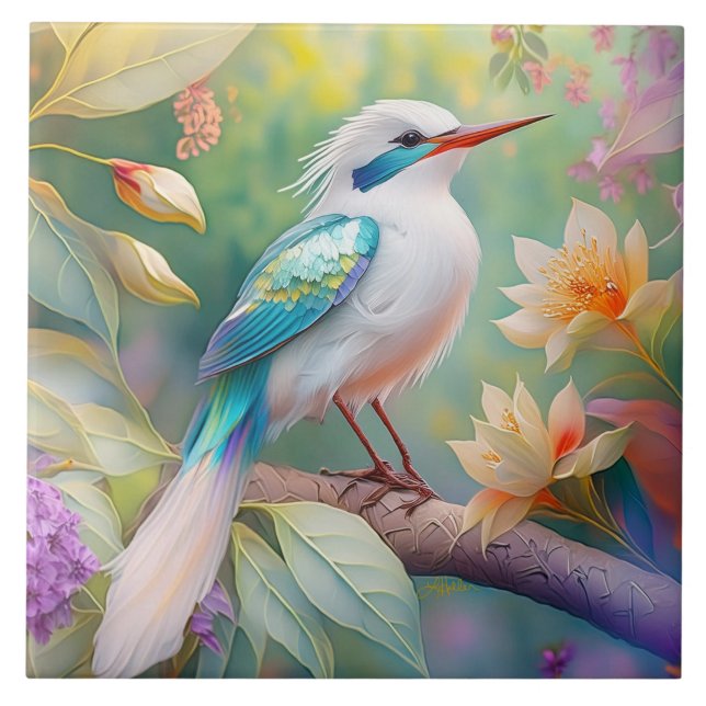 Vit bestritt Iridescent Teal Vinge Fantasy Bird Kakelplatta (Framsidan)