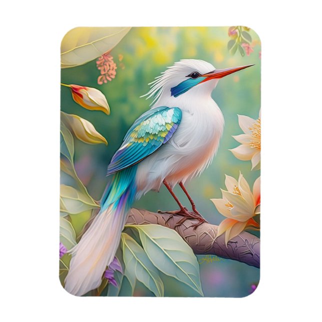 Vit bestritt Iridescent Teal Vinge Fantasy Bird Magnet (Vertikal)