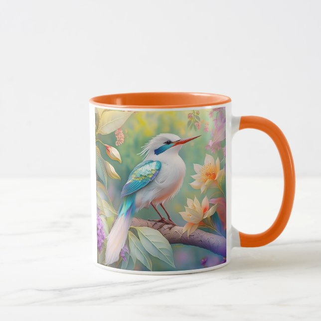 Vit bestritt Iridescent Teal Vinge Fantasy Bird Mugg (Höger)