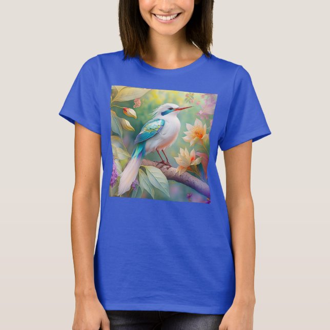 Vit bestritt Iridescent Teal Vinge Fantasy Bird T Shirt (Framsida)