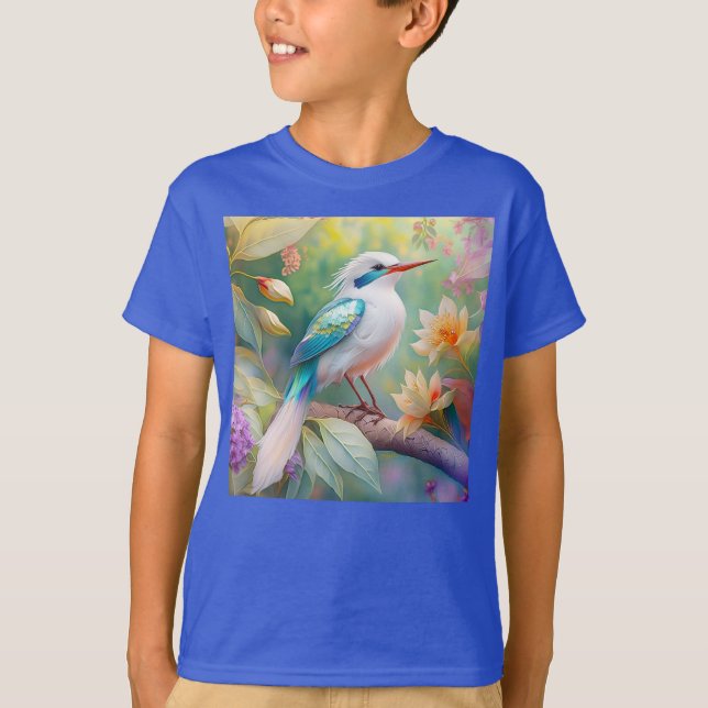 Vit bestritt Iridescent Teal Vinge Fantasy Bird T Shirt (Framsida)