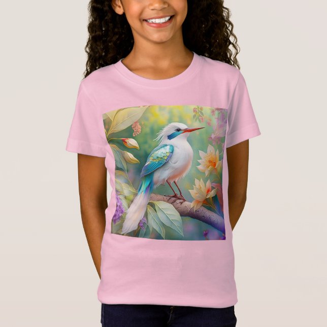 Vit bestritt Iridescent Teal Vinge Fantasy Bird T Shirt (Framsida)
