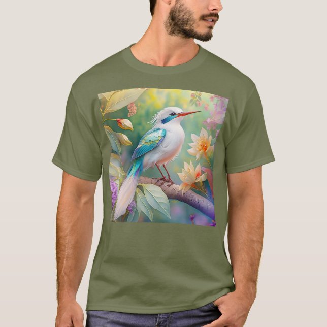 Vit bestritt Iridescent Teal Vinge Fantasy Bird T Shirt (Framsida)