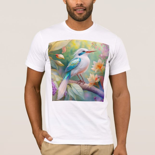 Vit bestritt Iridescent Teal Vinge Fantasy Bird T Shirt (Framsida)