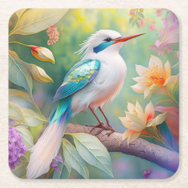 Vit bestritt Iridescent Teal Vinge Fantasy Bird Underlägg Papper Kvadrat