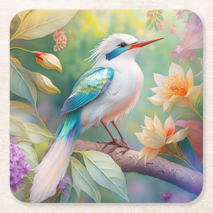 Vit bestritt Iridescent Teal Vinge Fantasy Bird Underlägg Papper Kvadrat