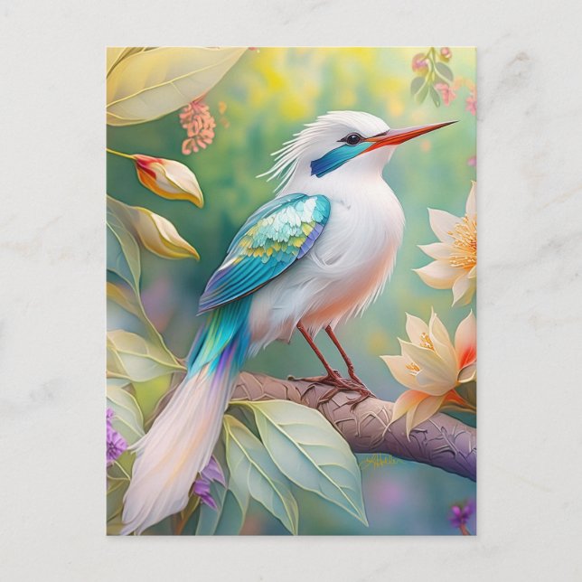 Vit bestritt Iridescent Teal Vinge Fantasy Bird Vykort (Framsida)