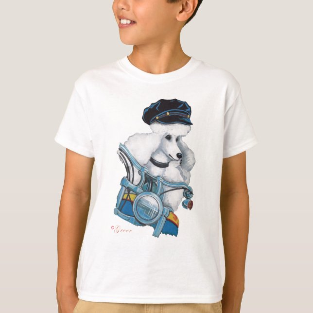 Vit Biker Chick Pudel Tee Shirt (Framsida)