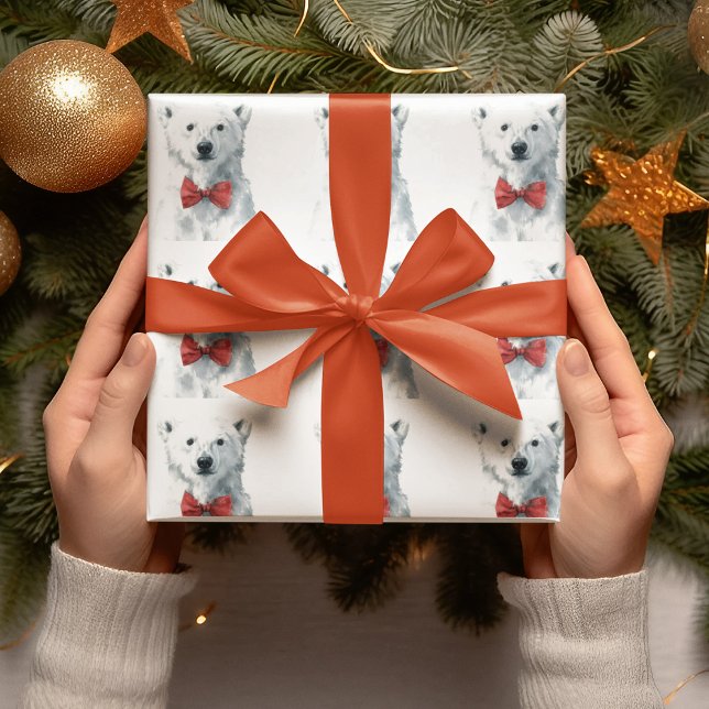 Vit björn med röd båge – julklappspapper presentpapper (Skapare uppladdad)