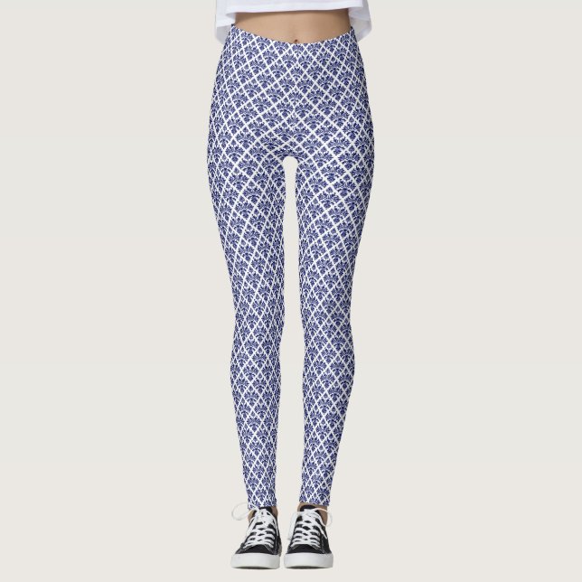 Vit Blå 2 LAGER - Damask #2 DIY BG Ptn NB Leggings (Framsida)