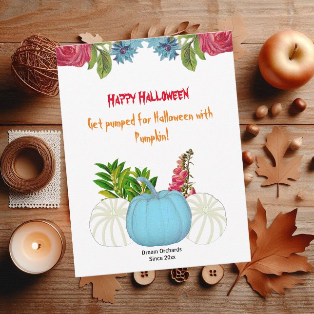 Vit blå fall Pumpkin Watercolor Blommigt Greenery (White Blue Fall Pumpkin Watercolor Floral Greenery)