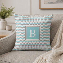 Vit Blå Grå Chevron Monogram Kudd Kudde