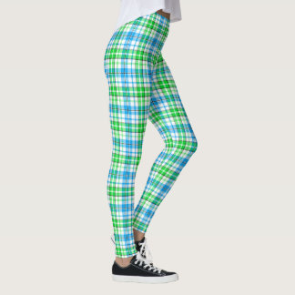 Vit Blå Grön Plaid Tartan Design Leggings