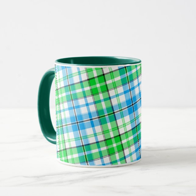 Vit Blå Grön Plaid Tartan Design  Mugg (Framsida vänster)