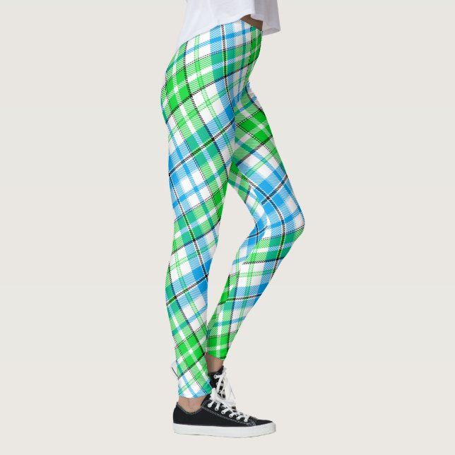Vit Blå Grön Rutig Tartan Design  Leggings (Höger)