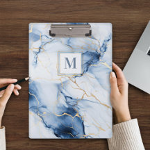 Vit Blå Guld Marmor Monogram Första Urklipp