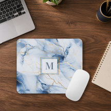 Vit Blå Guld Marmor Monogram Initial Musmatta