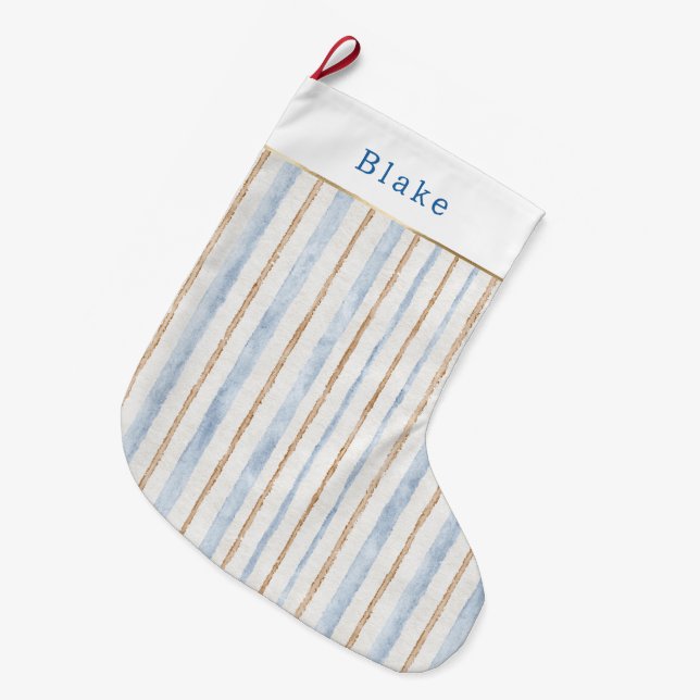 Vit Blå Guld Ränder Jul  Stor Julstrumpa (Framsidan (Hängande))