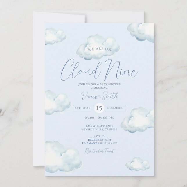 Vit Blå Moln Nio Baby Shower Fest Inbjudningar (Framsida)