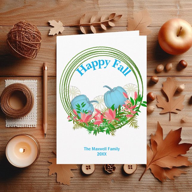 Vit blå Pumpkins Fall WAN Greenery Blommigt Helgkort (Blue Pumpkins Fall Wreath Greenery Floral Holiday Card)