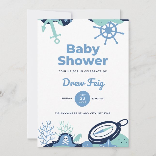 Vit Blå Söt Sjöman Bebis Shower Inbjudan (Framsida)