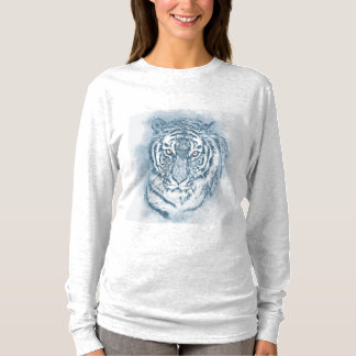 Vit blå tiger för hennes ljusa grått t shirt
