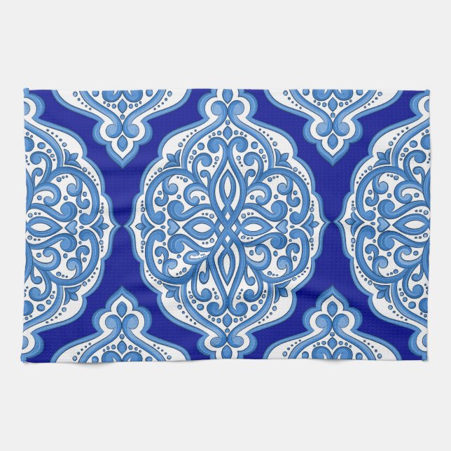 Vit-blå, turkisk ornament. kökshandduk (Horisontell)