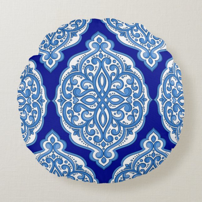 Vit-blå, turkisk ornament. rund kudde (Framsidan)
