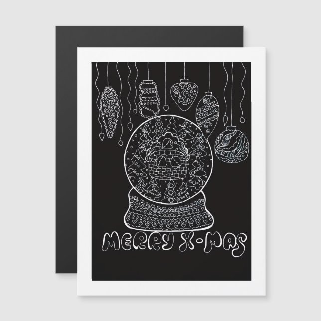 Vit bläck linjekonst Xmas snöglob magnetisk kort (Fram/baksida)