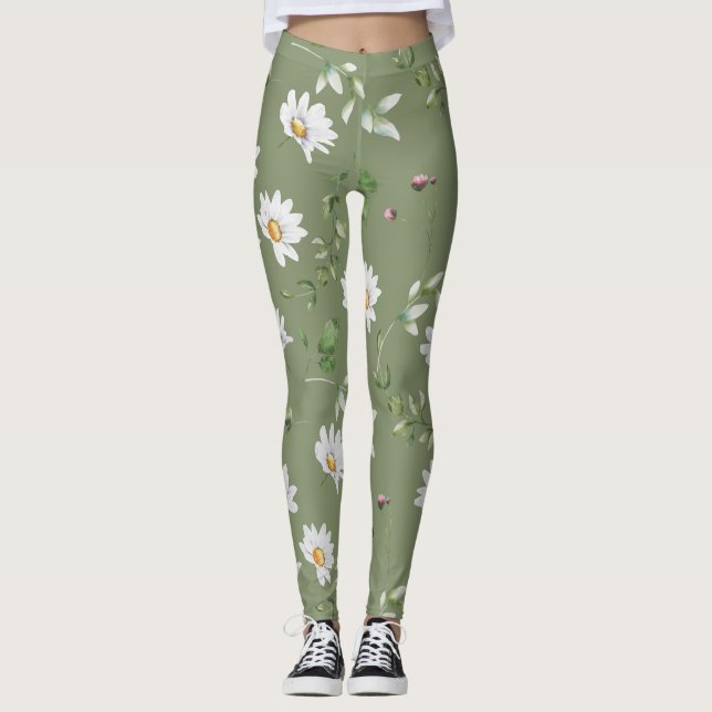 Vit bläckblomma på oliv grönt bakgrund leggings (Framsida)