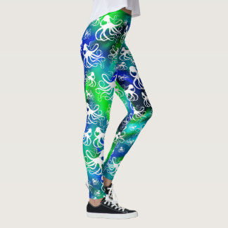 Vit bläckfisk på blå Grönt - krämer Leggings