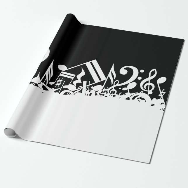 Vit blandad ihop musik noter på svart presentpapper (Utrullad)