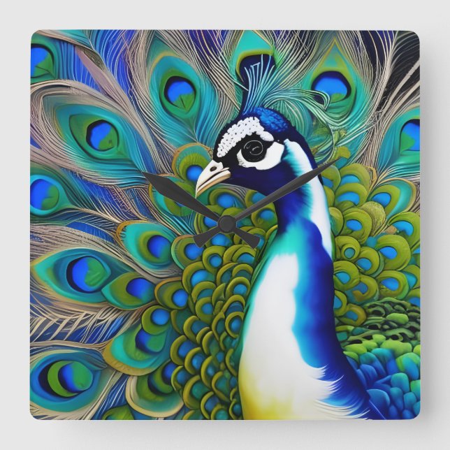 Vit blått och Grönt Piebald Peacock Fyrkantig Klocka (Framsida)