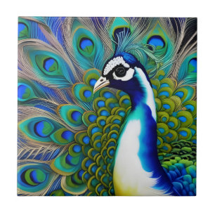 Vit blått och Grönt Piebald Peacock Kakelplatta
