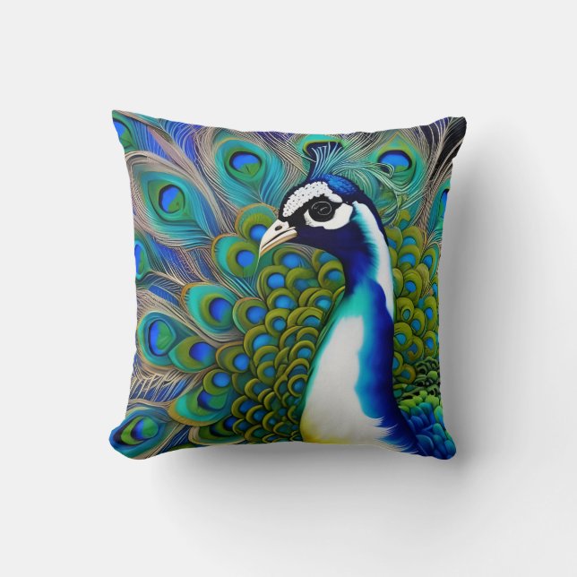 Vit blått och Grönt Piebald Peacock Kudde (Framsida)