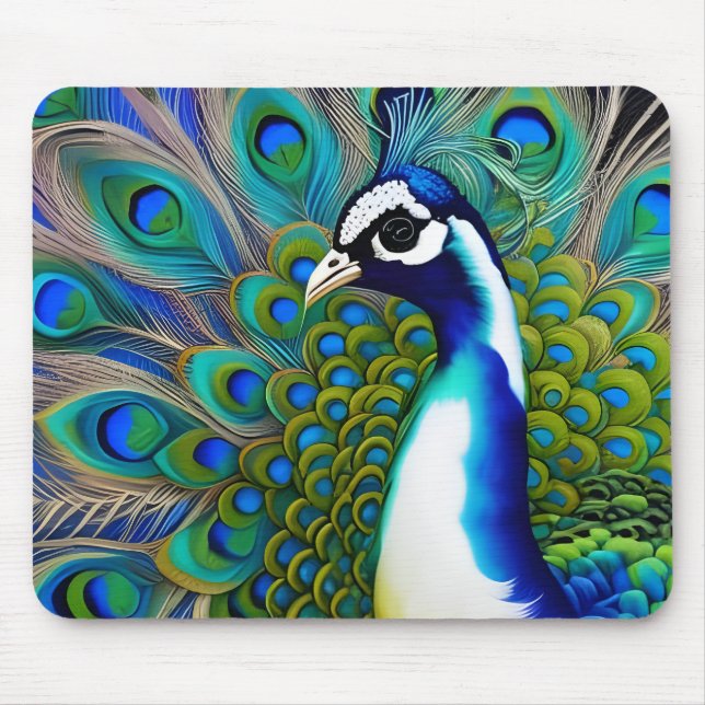 Vit blått och Grönt Piebald Peacock Musmatta (Framsidan)