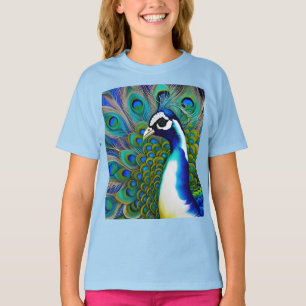 Vit blått och Grönt Piebald Peacock T Shirt