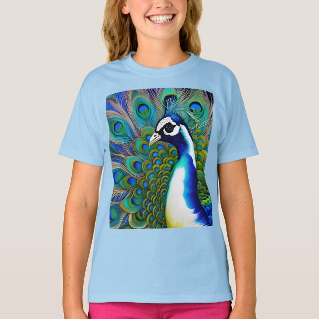 Vit blått och Grönt Piebald Peacock T Shirt (Framsida)