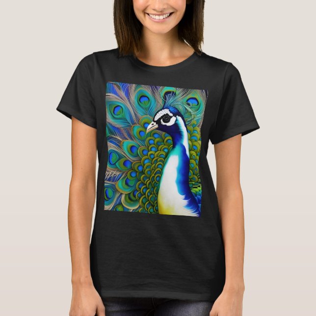 Vit blått och Grönt Piebald Peacock T Shirt (Framsida)