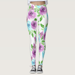 Vit blått och lila blomma leggings