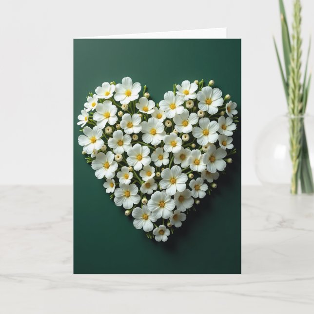 Vit blomhjärtakärlekskort kort (Framsida)
