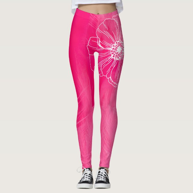 Vit blomkontur och Ljusa rosa baljväxter Leggings (Framsida)