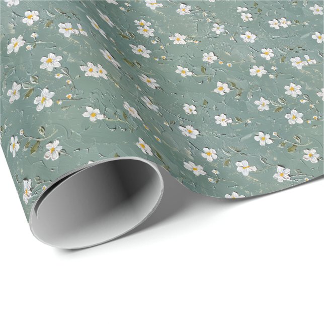 Vit blomkrans dammig grön presentpapper (Rullad Hörn)