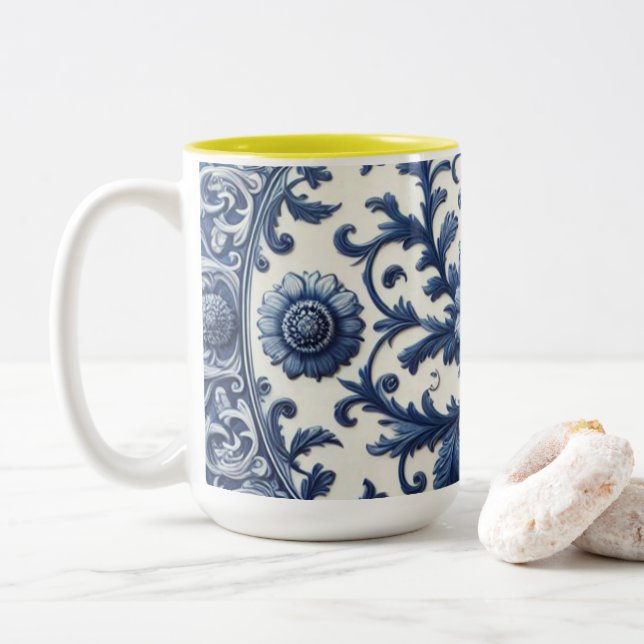 Vit blomkruka i keramik Kaffemugg, 0,44l Två-Tonad Mugg (Med munk)