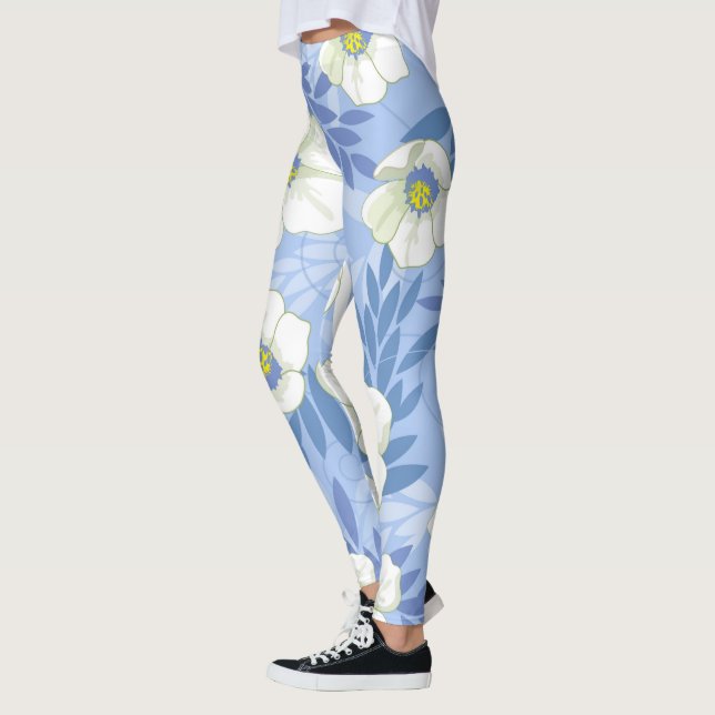Vit Blomma Blå Bakgrund Blommig Bladsmönster Leggings (Vänster)