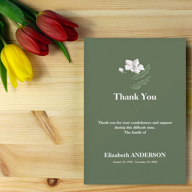 Vit blomma - Grönt Begravt tackkort Tack Kort (White Flower - Green Funeral Thank You Card)