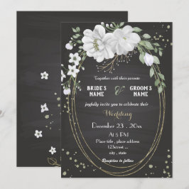 vit blomma grönt löv svart bröllop inbjudningar