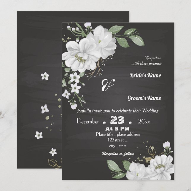 vit blomma grönt löv svart inbjudningar (Fram/baksida)